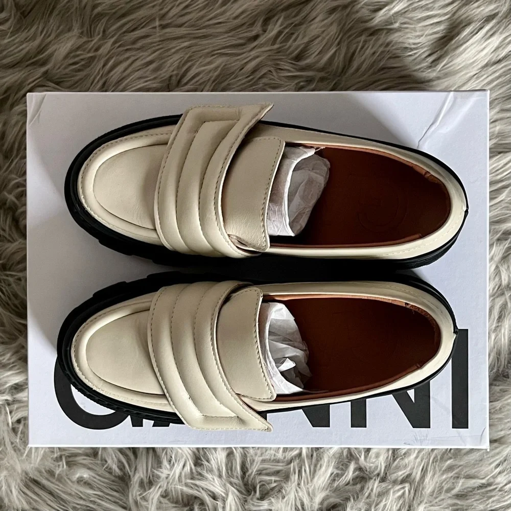 GANNI Off-White Leather Chunky Padded Loafers in Oyster Gray Women’s Size 8.5/39
